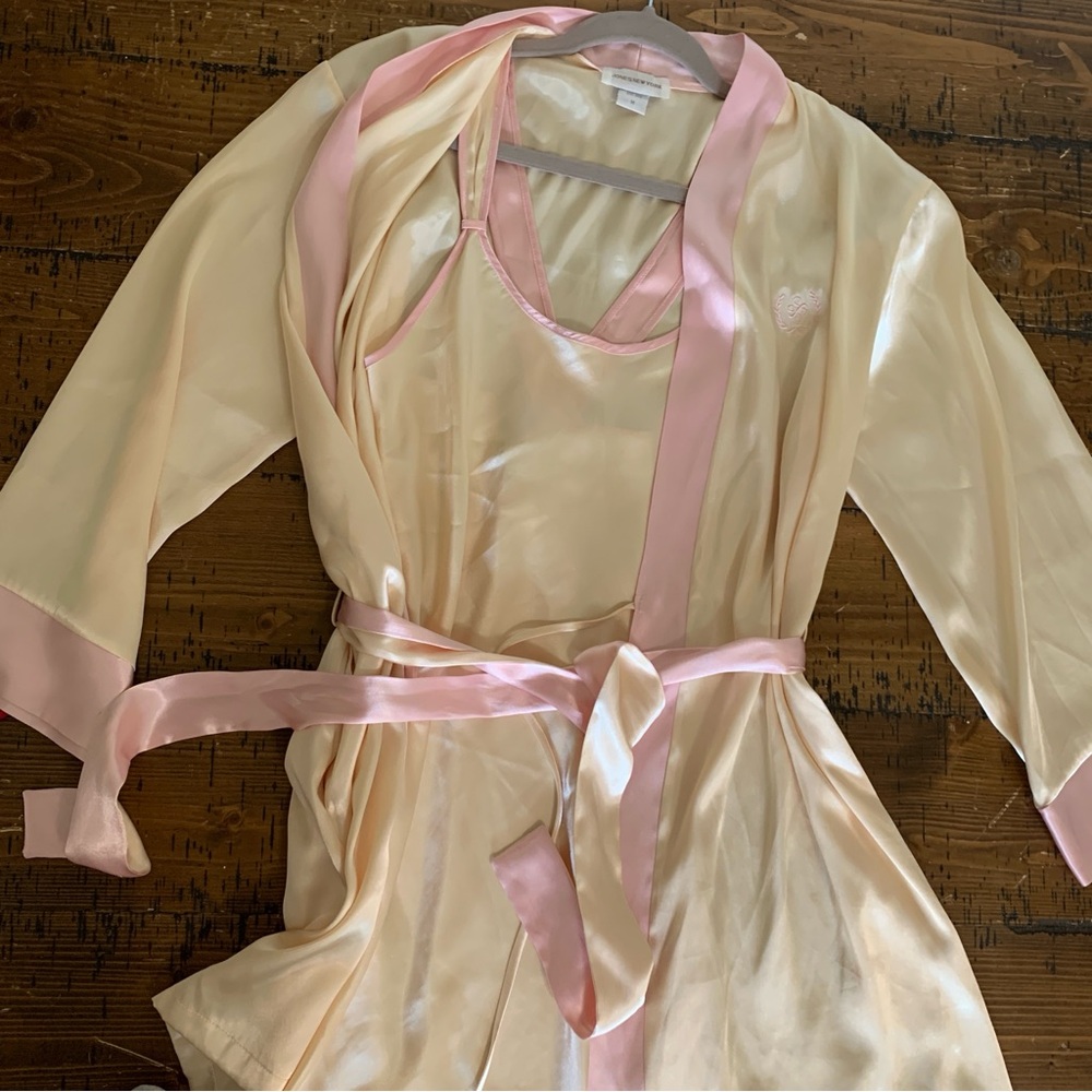 Silky Butter Yellow and Pink Satin Trim Robe Set